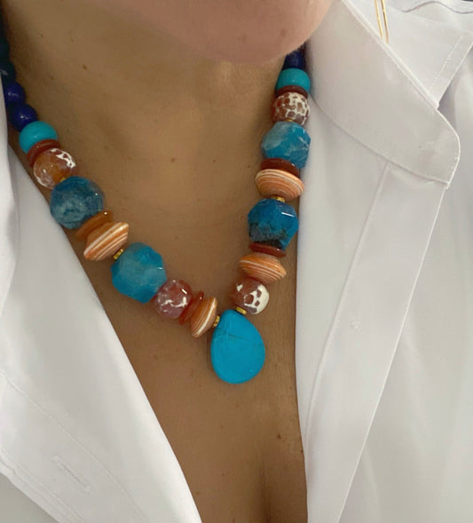 Collar de Lapislázuli, Ágatas y Colgante Turquesa - GRANATE 27