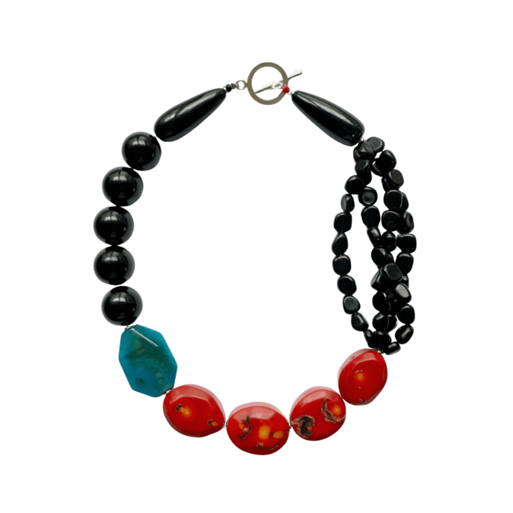 Collar de Ónix, Coral Rojo y Ágata Celeste - GRANATE 27