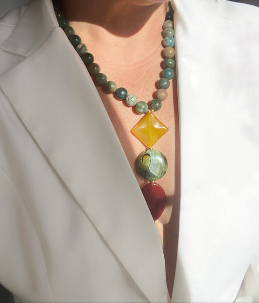 Maxi Collar largo de Ágatas y Crisoprasa- GRANATE 27