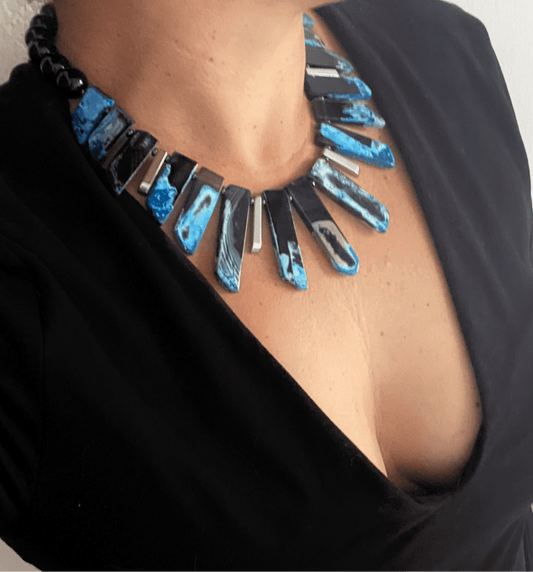 Maxi Collar de Ónix y Ágatas Azul Veteadas con Negro - GRANATE 27