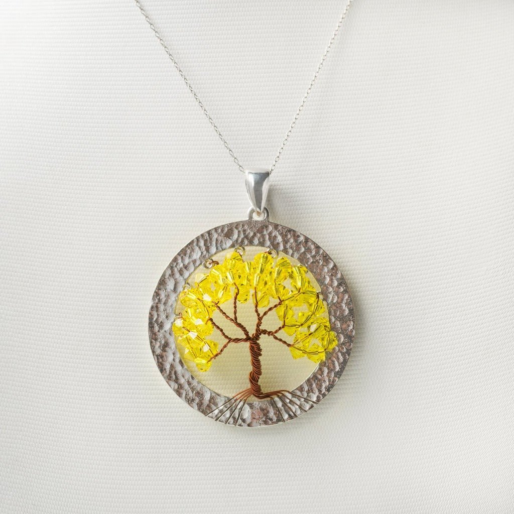 Cortez Amarillo Tree Pendant - Costa Rican Tree in Sterling Silver & Swarovski Crystal - GRANATE 27