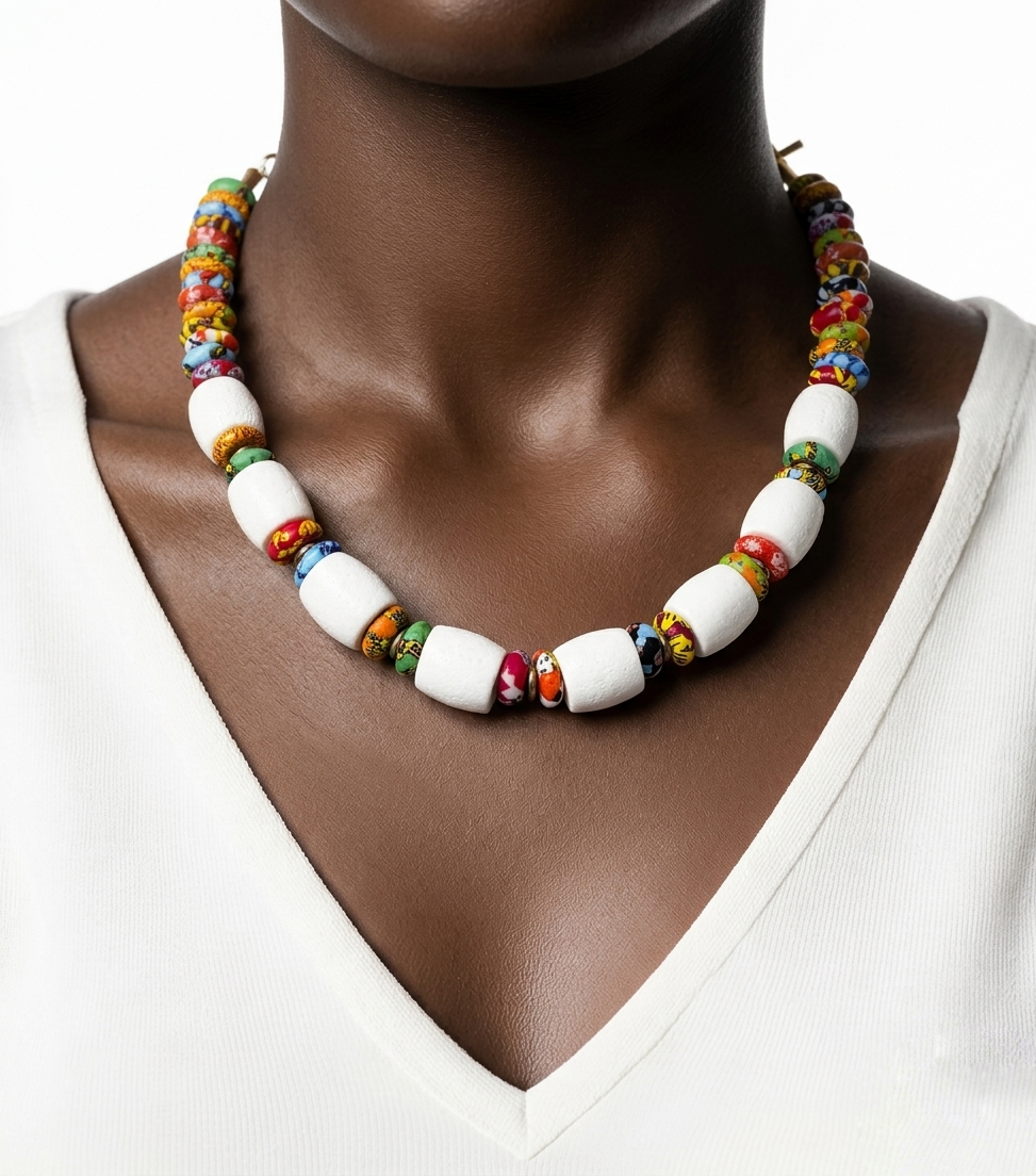 Collar de Coral Blanco y Vidrio Africano