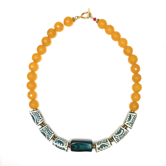 Collar de Ágatas Amarillas y Vidrio Africano Verde