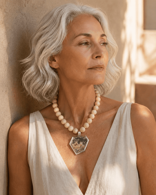 ALMA | Collar Solar en Ámbar, Ágata Lace y Plata - GRANATE 27