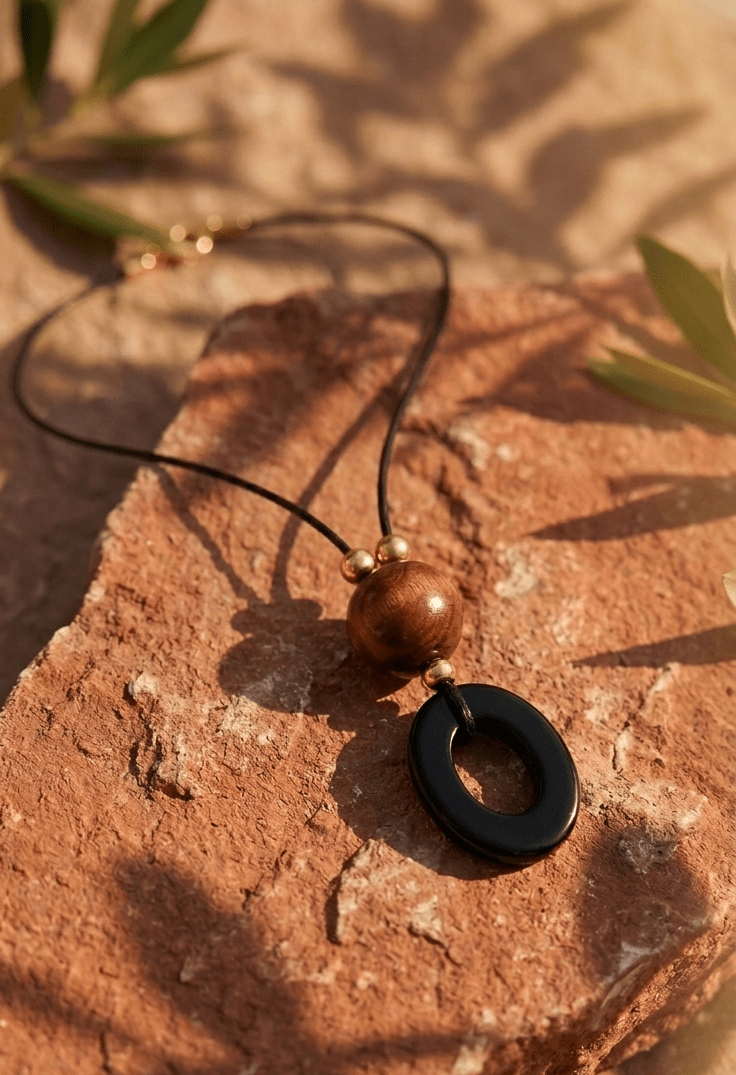 Collar Cordón de Cuero Negro, Madera y Ónix - GRANATE 27
