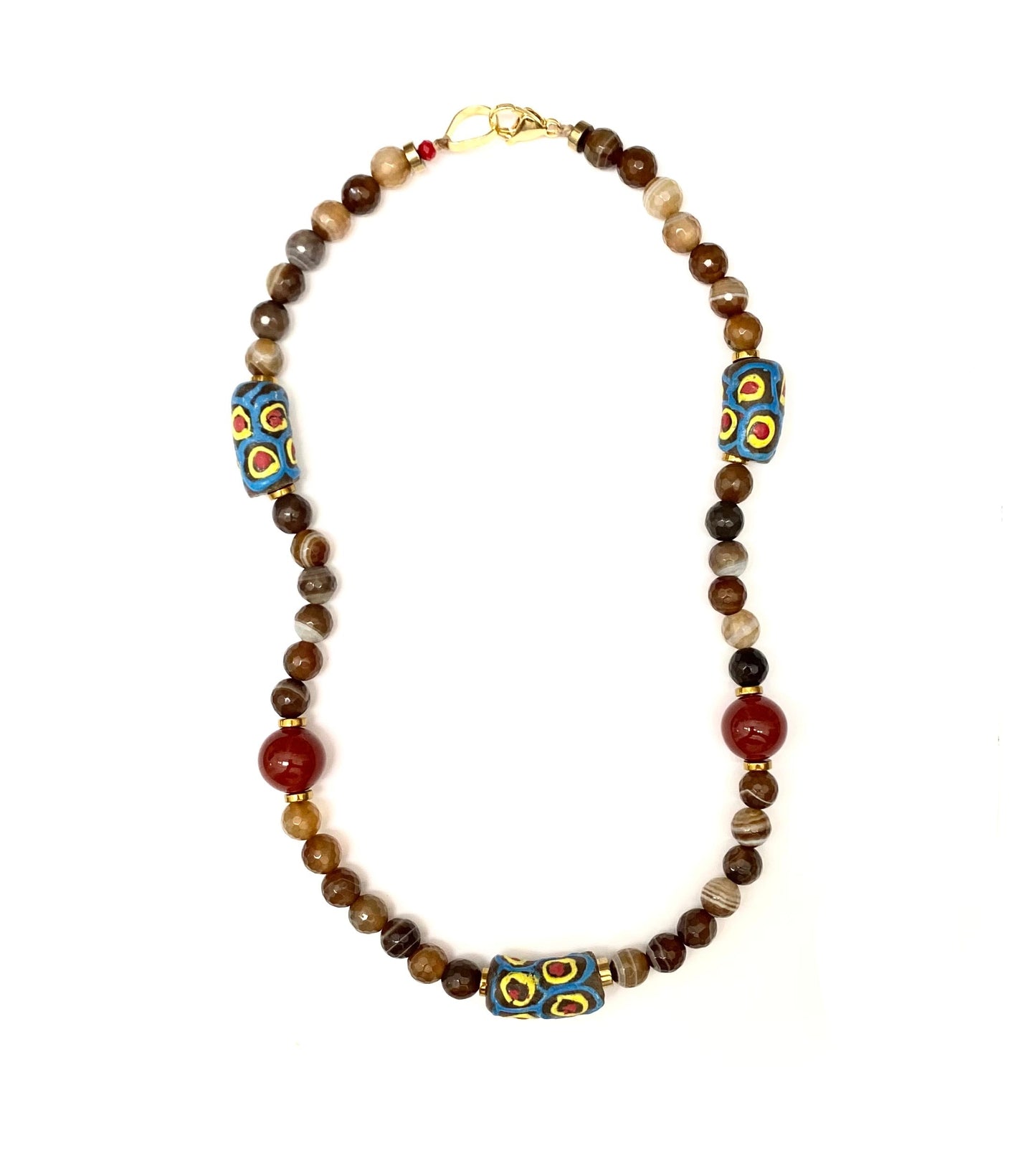 Collar Corto Ágatas Veteadas y Vidrio Africano Artesanal - GRANATE 27