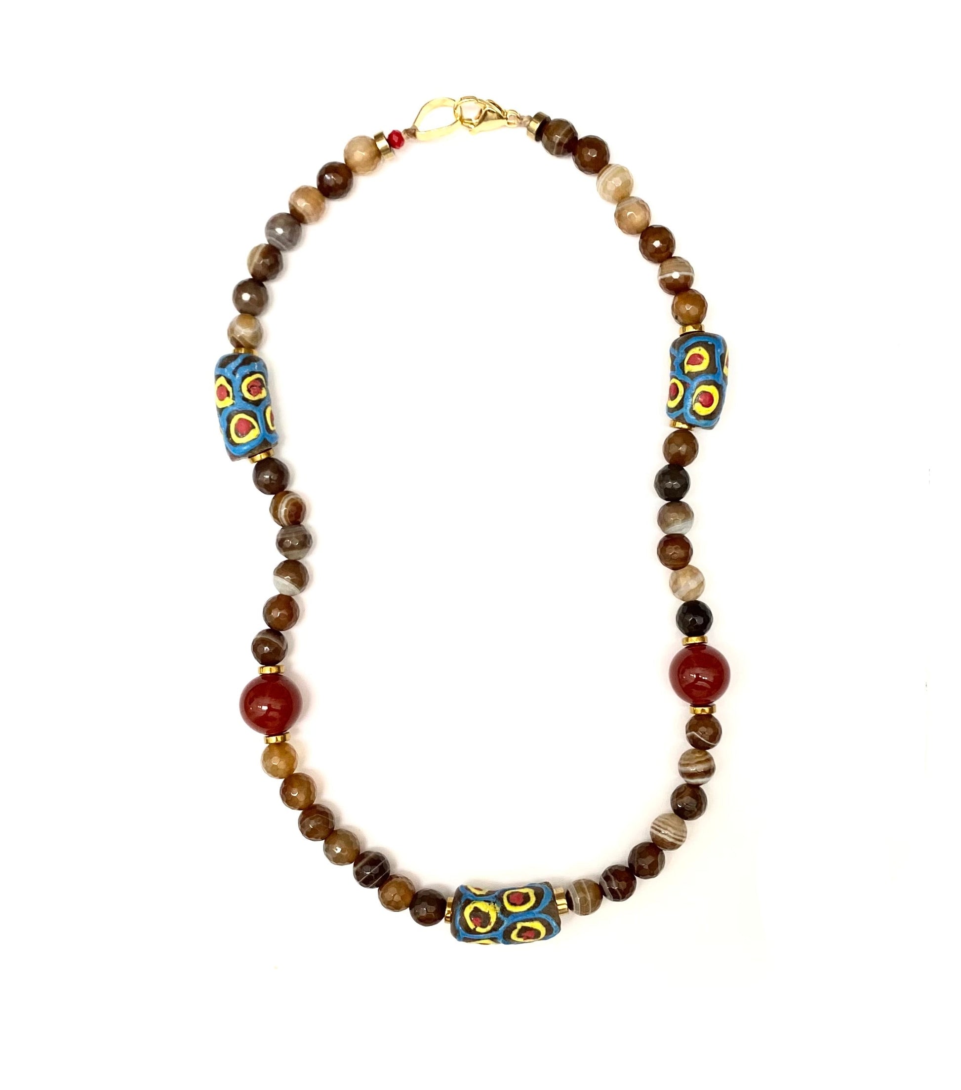Collar Corto Ágatas Veteadas y Vidrio Africano Artesanal - GRANATE 27