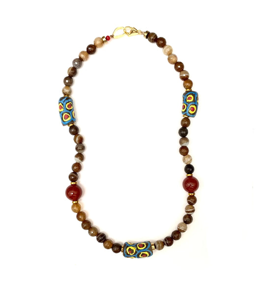 Collar Corto Ágatas Veteadas y Vidrio Africano Artesanal - GRANATE 27