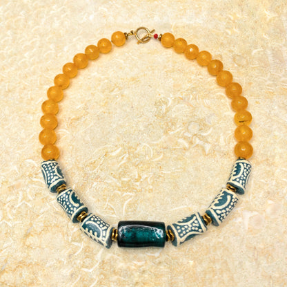 Collar de Ágatas Amarillas y Vidrio Africano Verde - GRANATE 27