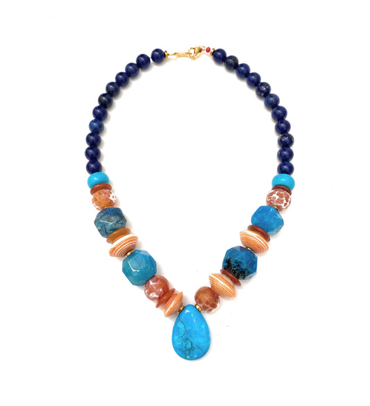 Collar de Lapislázuli, Ágatas y Colgante Turquesa - GRANATE 27