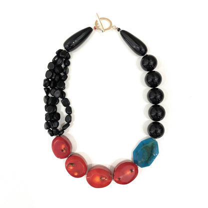 Collar de Ónix, Coral Rojo y Ágata Celeste - GRANATE 27