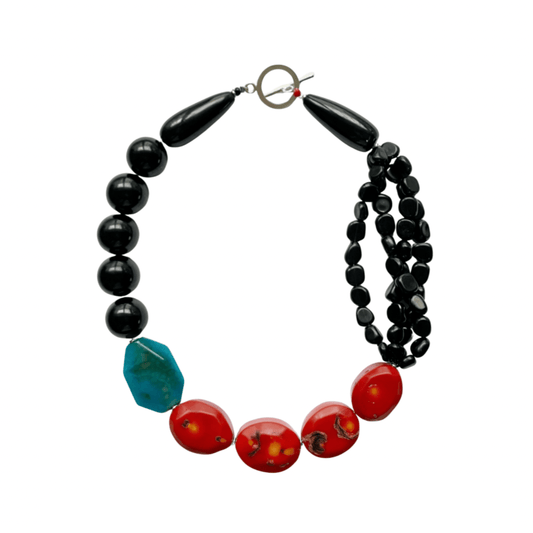 Collar de Ónix, Coral Rojo y Ágata Celeste - GRANATE 27