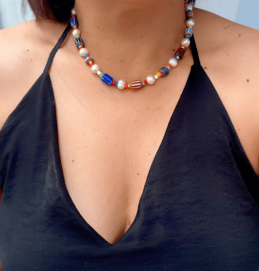 Collar de Perlas con Vidrio Africano - GRANATE 27