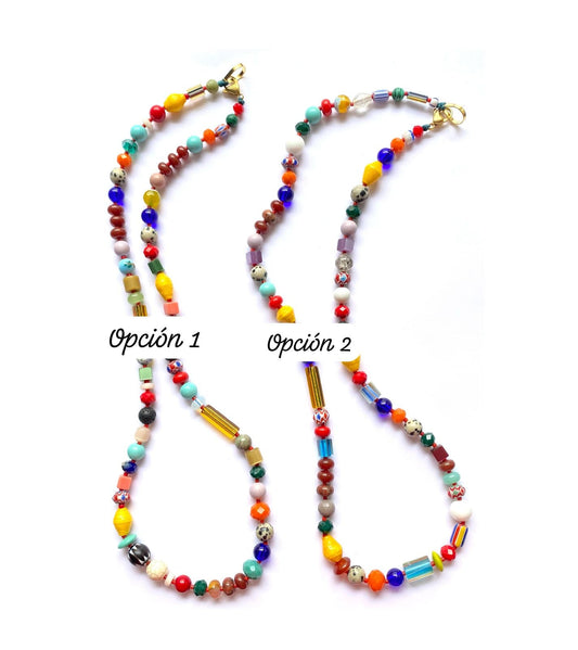 Collar Étnico Multicolor con Vidrio Africano y Piedras Naturales - GRANATE 27