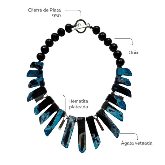 Maxi Collar de Ónix y Ágatas Azul Veteadas con Negro - GRANATE 27