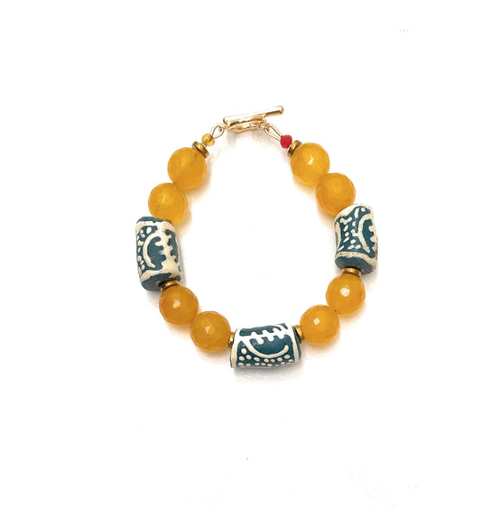 Pulsera Amarilla de Ágatas y Vidrio Africano - GRANATE 27
