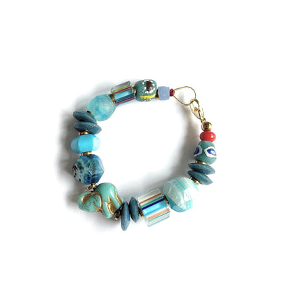Pulsera Celeste de Vidrio Africano y Piedras Naturales - GRANATE 27