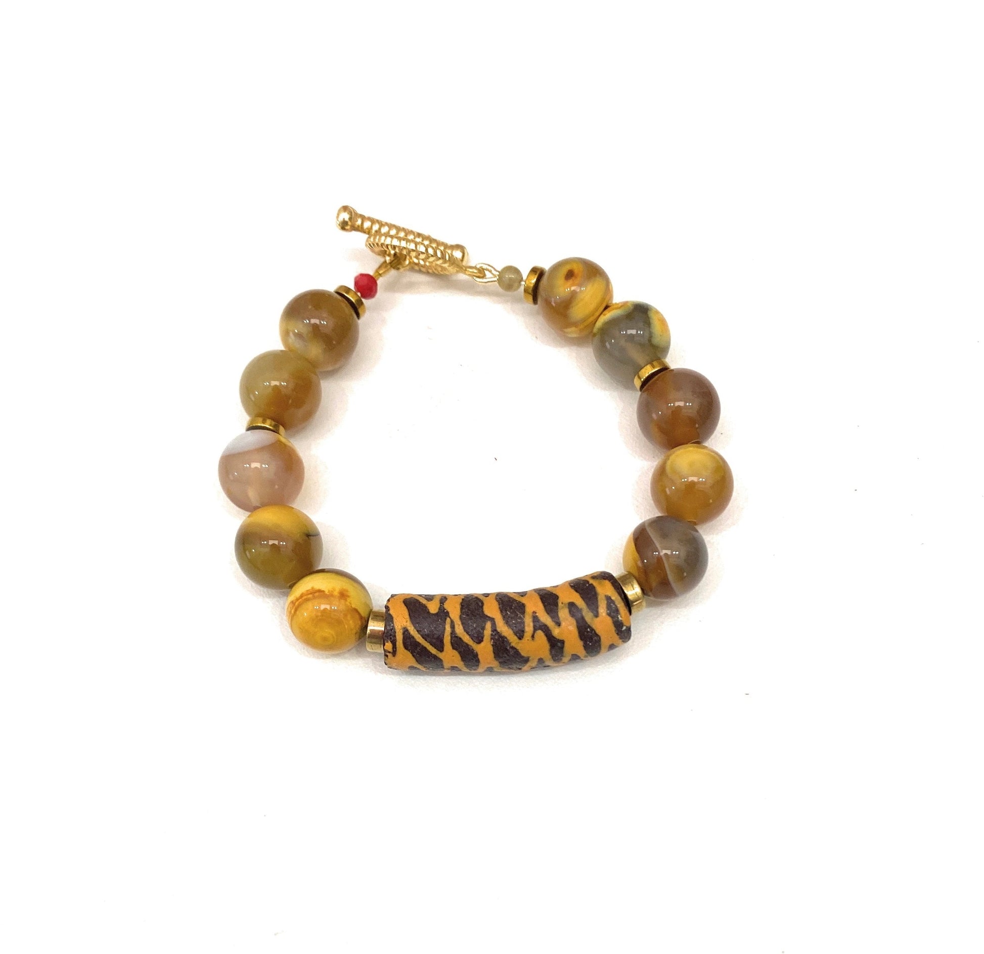 Pulsera de Ágatas Veteadas y Vidrio Africano - GRANATE 27