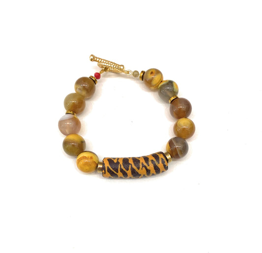 Pulsera de Ágatas Veteadas y Vidrio Africano - GRANATE 27