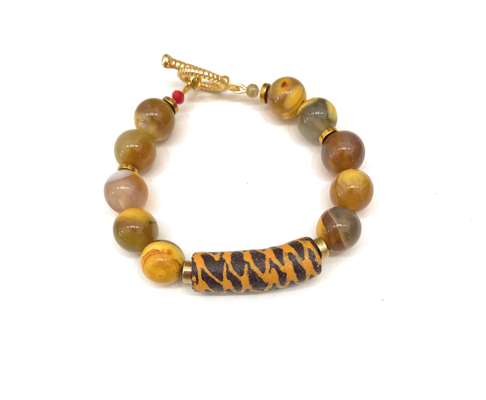 Pulsera de Ágatas Veteadas y Vidrio Africano - GRANATE 27