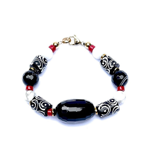 Pulsera Negra de Vidrio Africano y Piedras Naturales - GRANATE 27