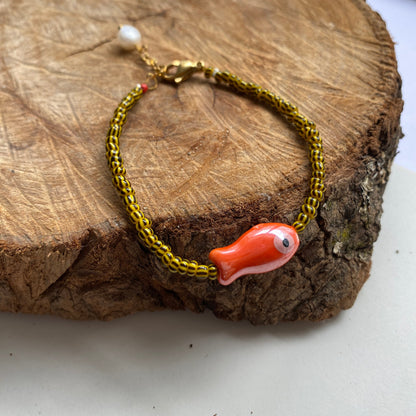 MINI - Pulsera de Vidrio y Pescadito Anaranjado de Cerámica - GRANATE 27