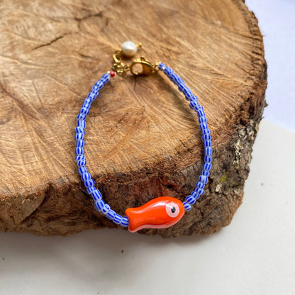 MINI - Pulsera de Vidrio y Pescadito Anaranjado de Cerámica - GRANATE 27